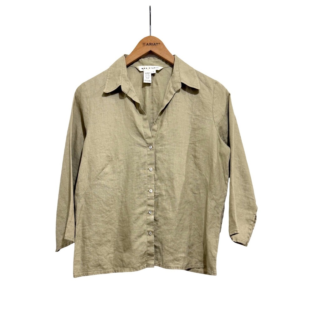 Max Studio Women's 100% Linen Button Down 3/4 Sleeve Shirt Size Large Minimalist